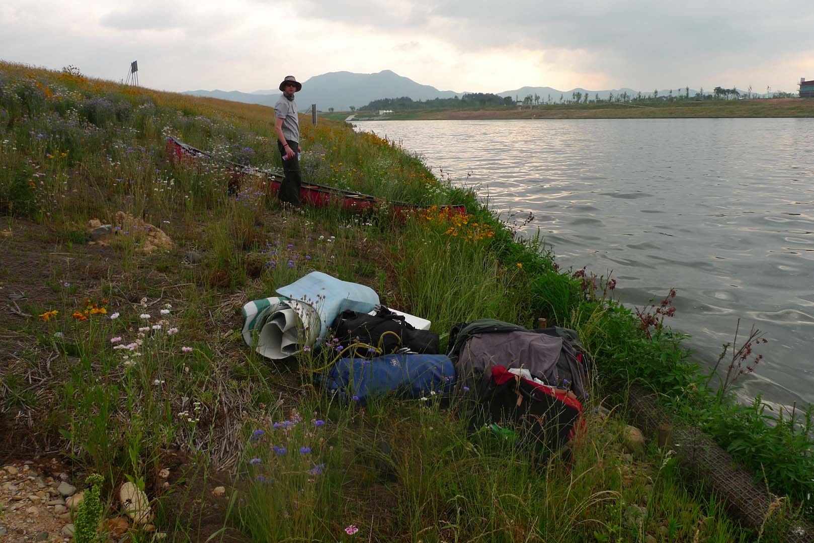 campsite with some luggage lying on grass